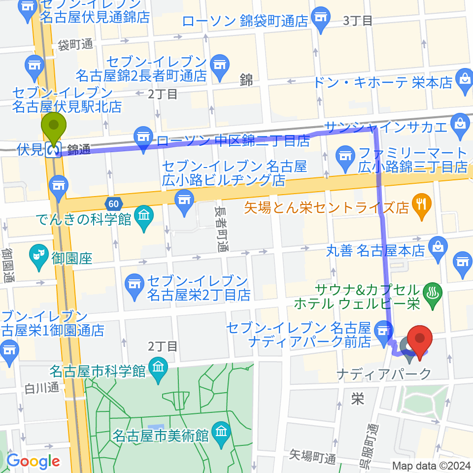 伏見駅からナディアパーク デザインホールへのルートマップ地図