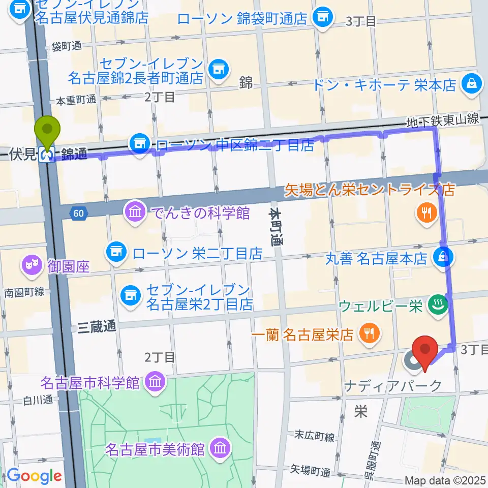 伏見駅からナディアパーク デザインホールへのルートマップ地図