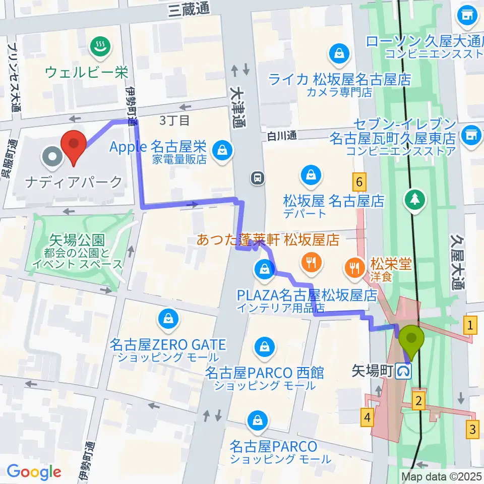 ナディアパーク デザインホールの最寄駅矢場町駅からの徒歩ルート（約6分）地図