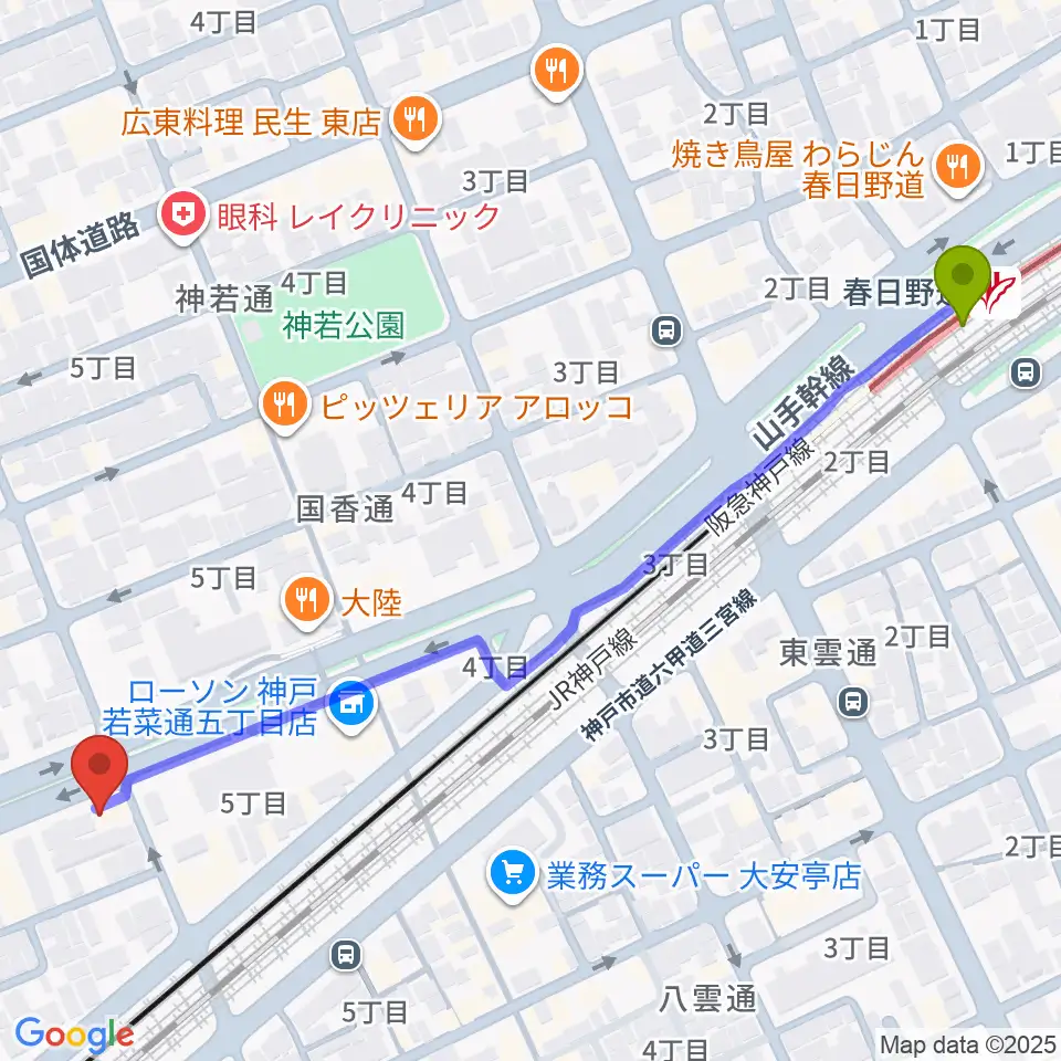 ミサドラム教室・音楽練習室の最寄駅春日野道駅からの徒歩ルート（約7分）地図