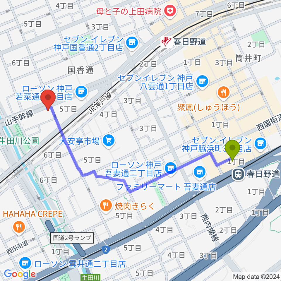 春日野道駅からミサドラム教室・音楽練習室へのルートマップ地図