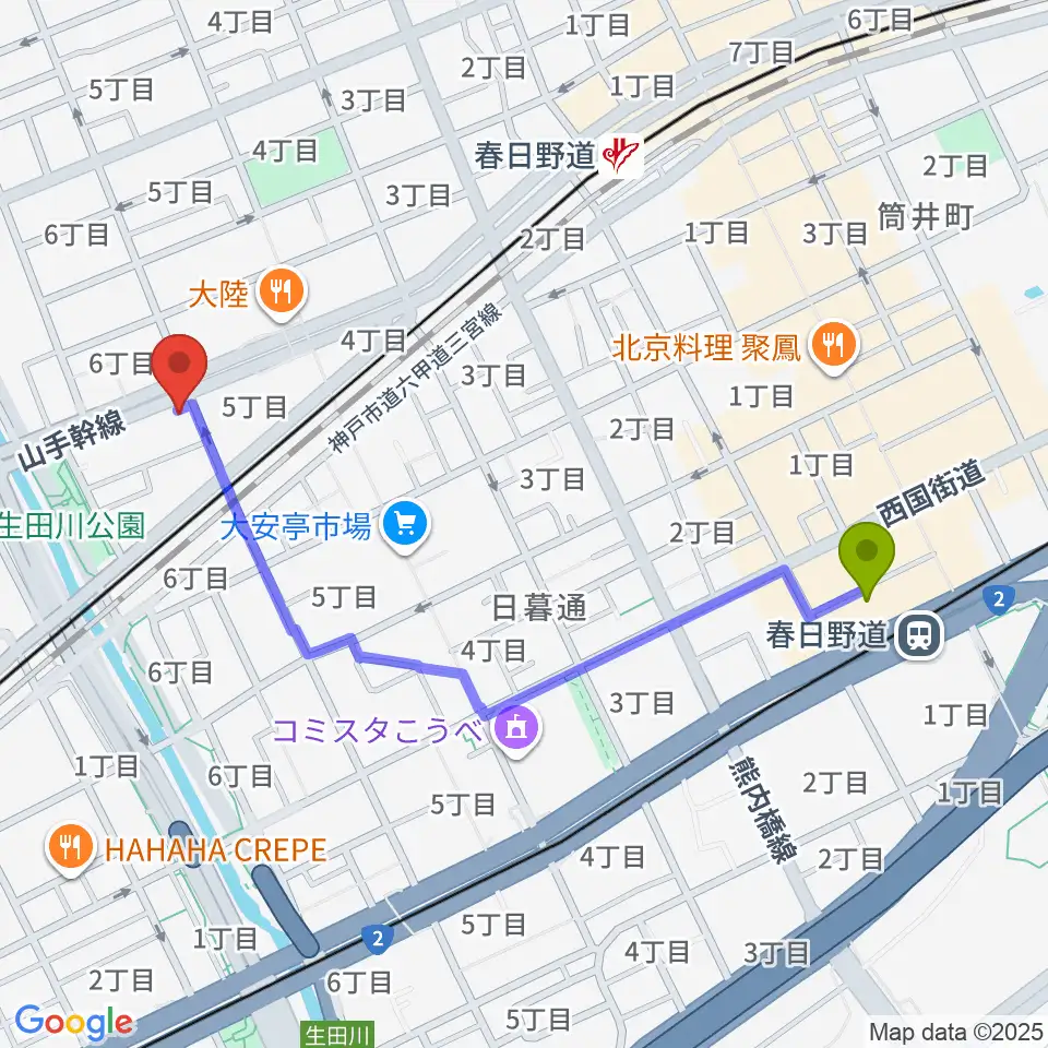 春日野道駅からミサドラム教室・音楽練習室へのルートマップ地図