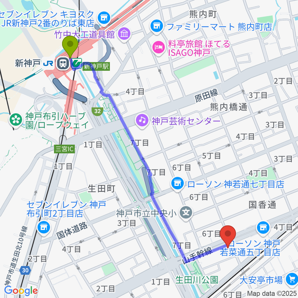 新神戸駅からミサドラム教室・音楽練習室へのルートマップ地図