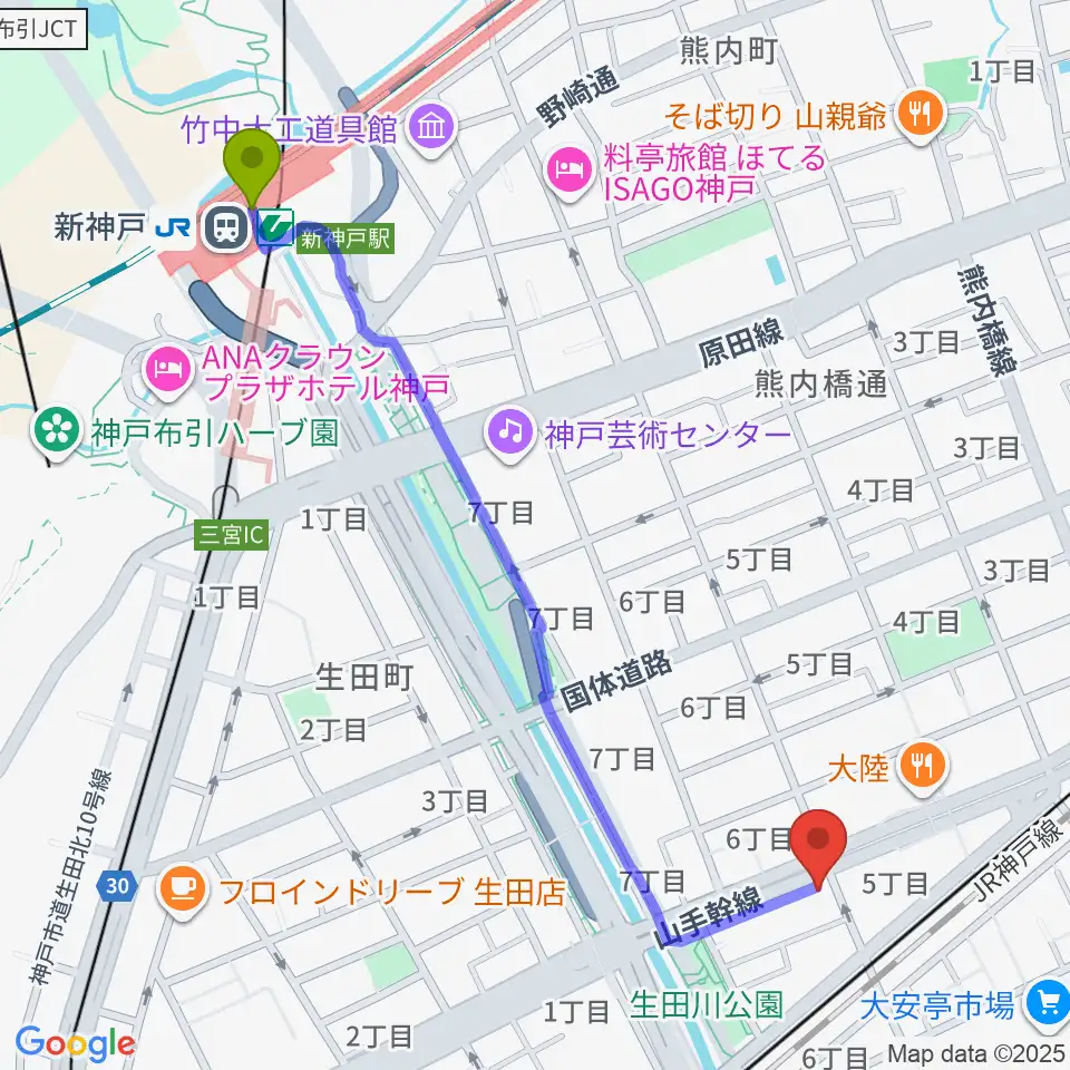 新神戸駅からミサドラム教室・音楽練習室へのルートマップ地図