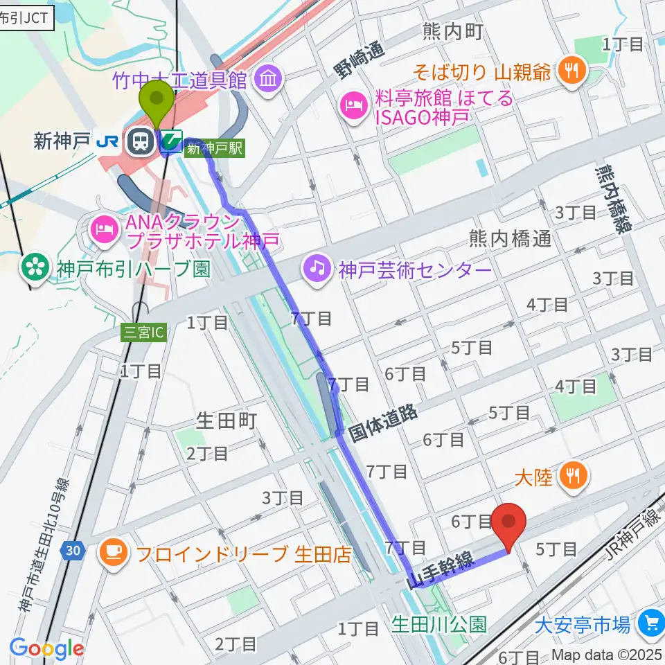 新神戸駅からミサドラム教室・音楽練習室へのルートマップ地図