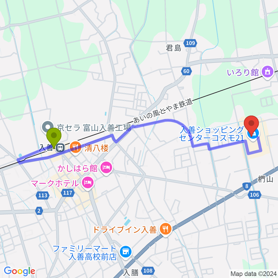 開進堂楽器 MPC入善の最寄駅入善駅からの徒歩ルート（約22分）地図