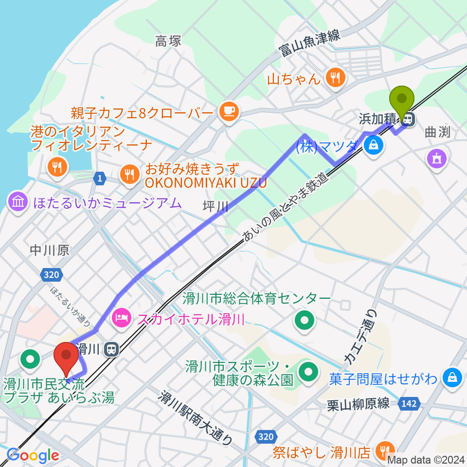 浜加積駅から開進堂楽器 MPC滑川へのルートマップ地図