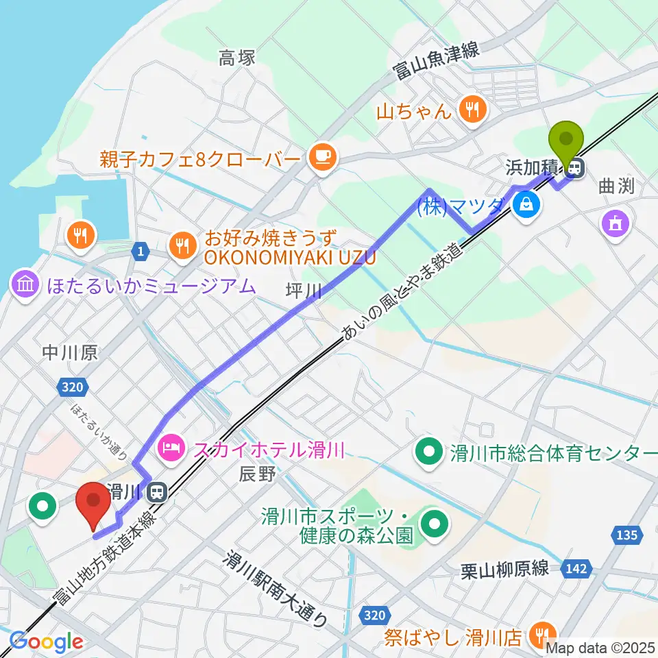 浜加積駅から開進堂楽器 MPC滑川へのルートマップ地図