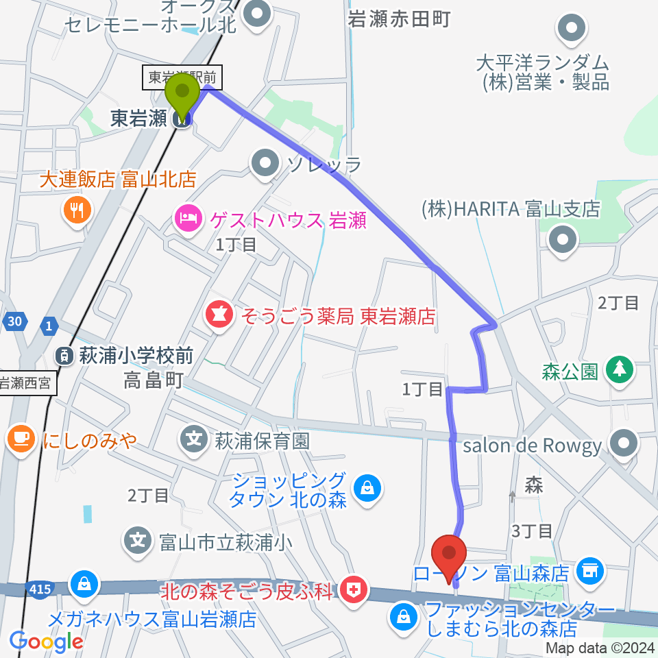 東岩瀬駅から開進堂楽器 MPC北の森へのルートマップ地図