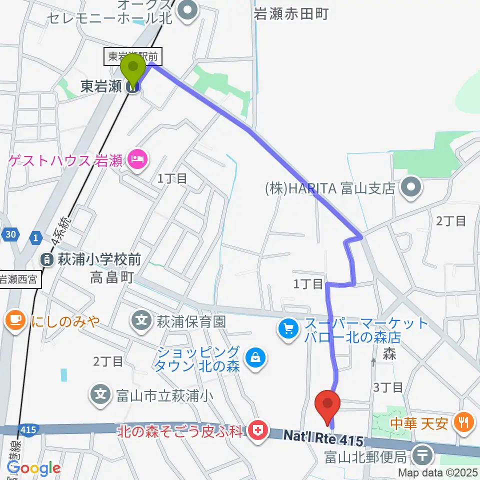 東岩瀬駅から開進堂楽器 MPC北の森へのルートマップ地図