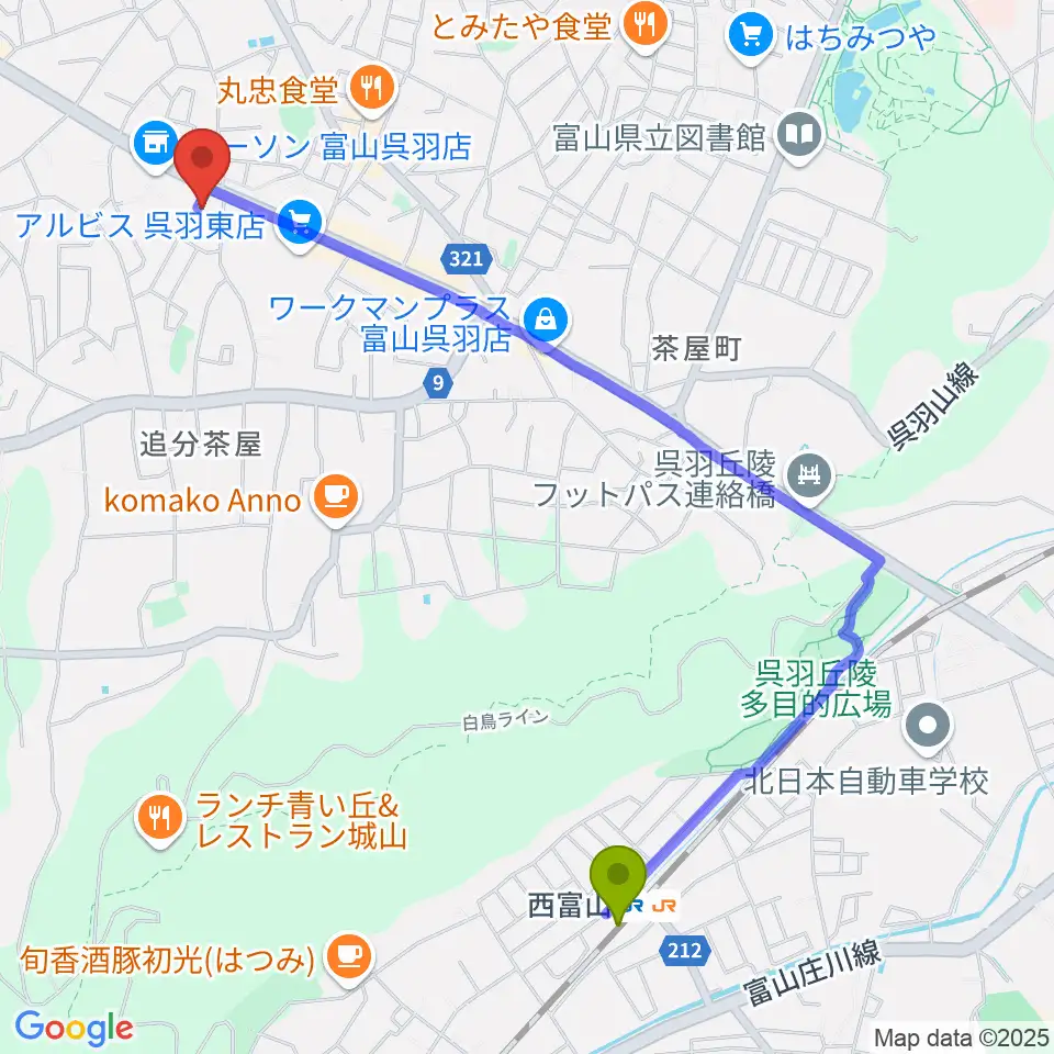 西富山駅から開進堂楽器 MPC呉羽へのルートマップ地図