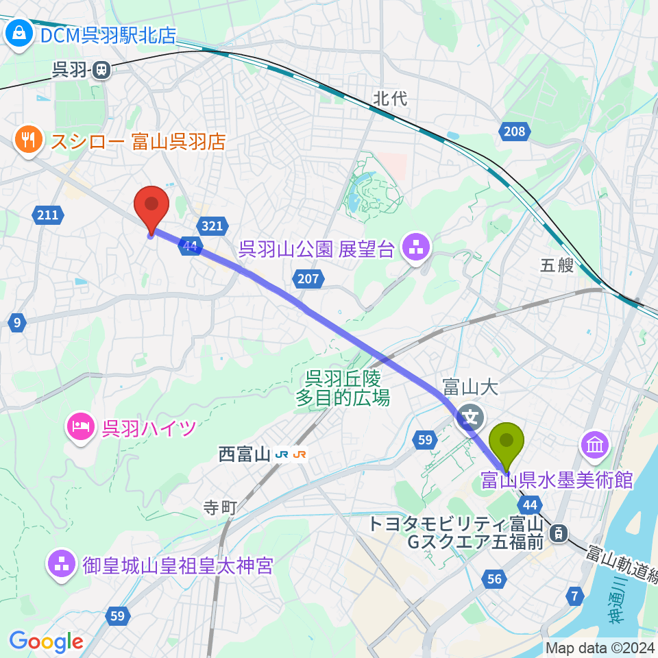 大学前駅から開進堂楽器 MPC呉羽へのルートマップ地図