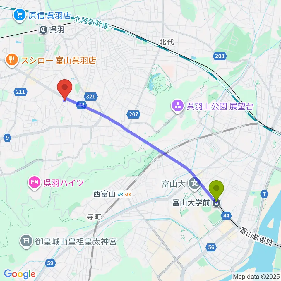 大学前駅から開進堂楽器 MPC呉羽へのルートマップ地図