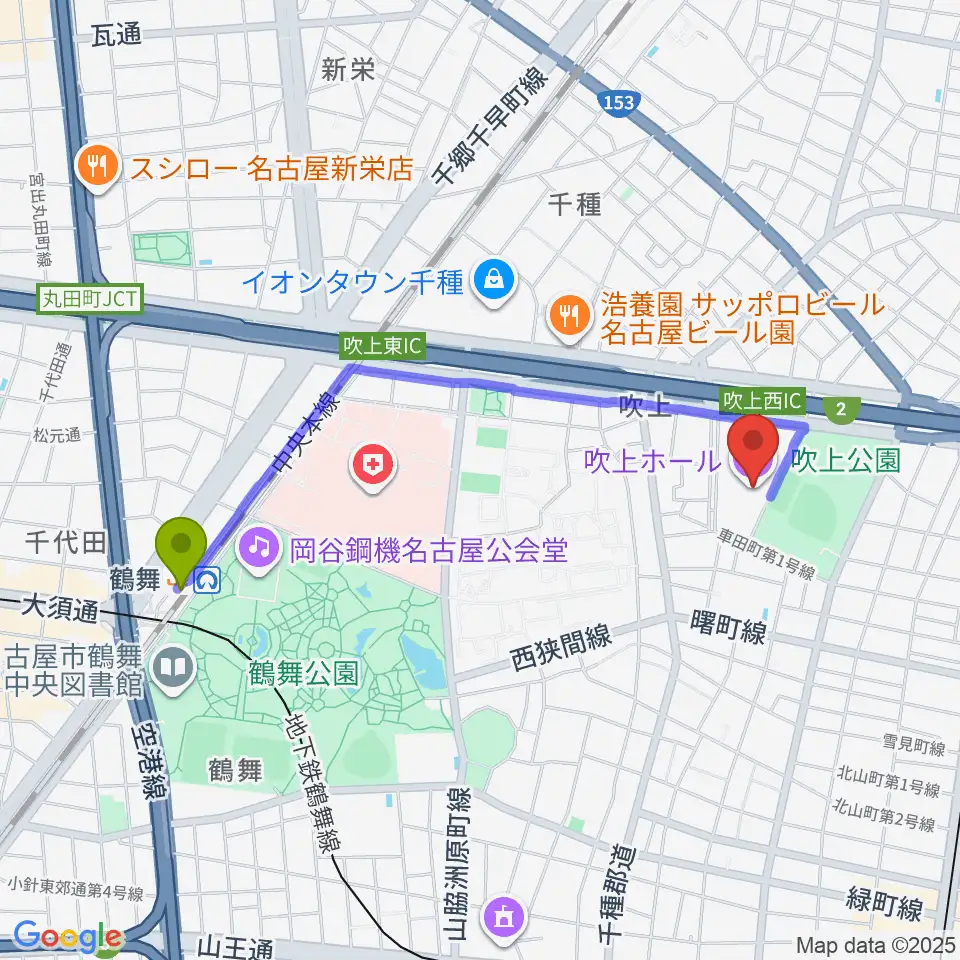 鶴舞駅から名古屋市中小企業振興会館 吹上ホールへのルートマップ地図