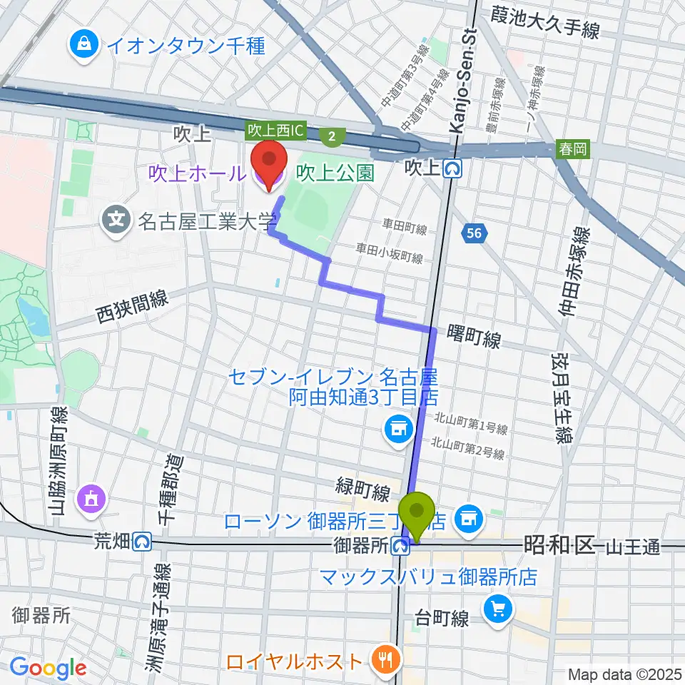 御器所駅から名古屋市中小企業振興会館 吹上ホールへのルートマップ地図