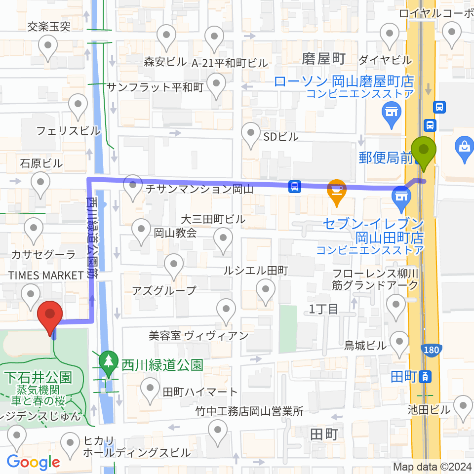郵便局前駅から西川アイプラザへのルートマップ地図