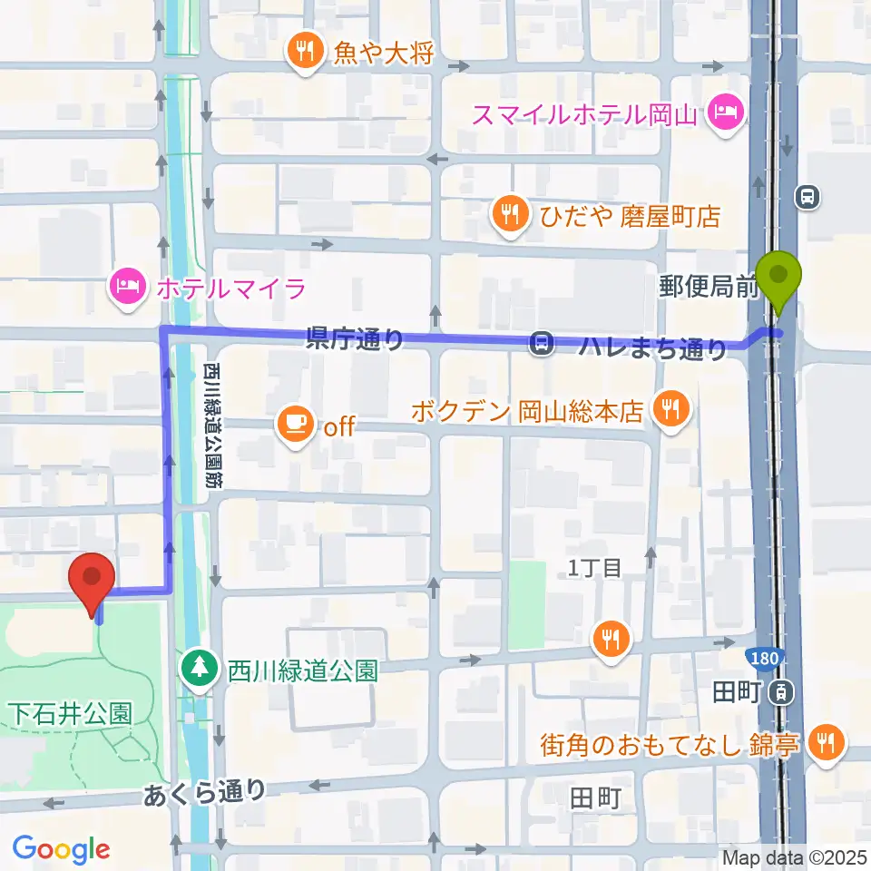 郵便局前駅から西川アイプラザへのルートマップ地図