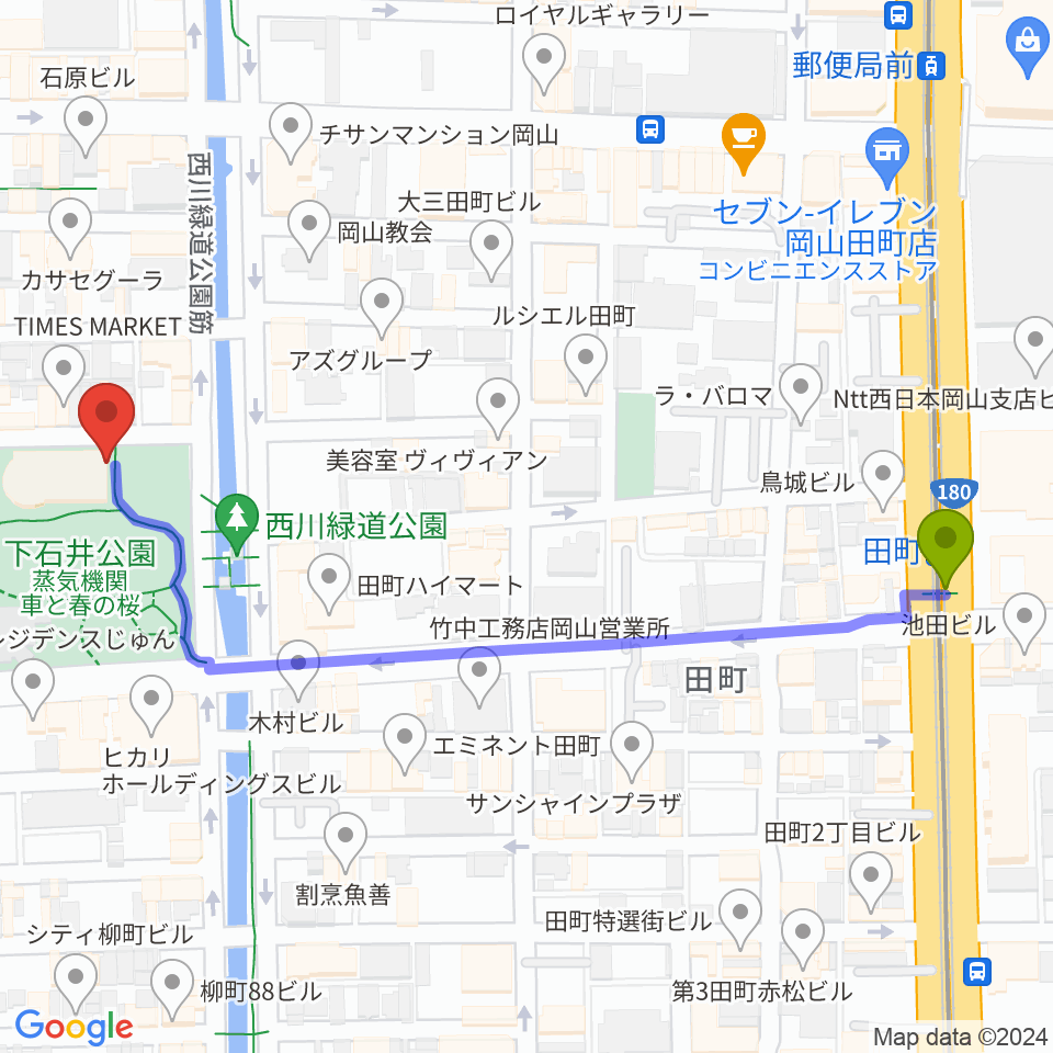 西川アイプラザの最寄駅田町駅からの徒歩ルート（約6分）地図
