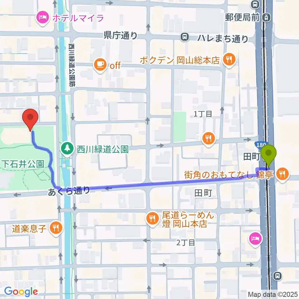 西川アイプラザの最寄駅田町駅からの徒歩ルート（約6分）地図
