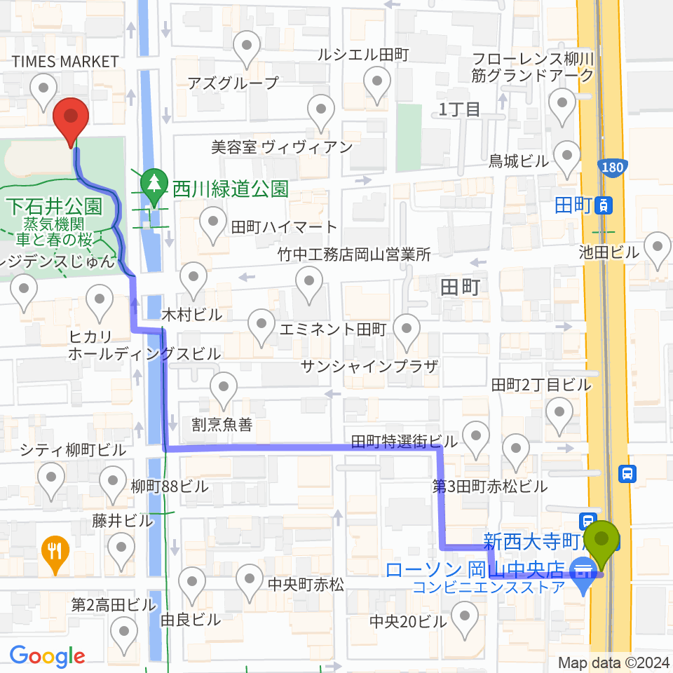 新西大寺町筋駅から西川アイプラザへのルートマップ地図