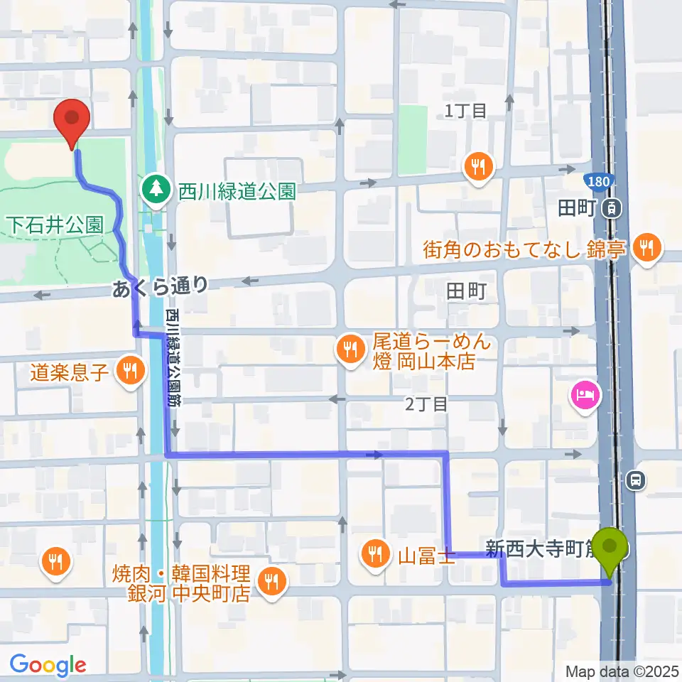 新西大寺町筋駅から西川アイプラザへのルートマップ地図