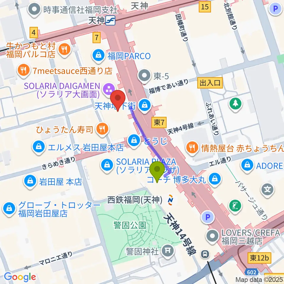 西鉄ホールの最寄駅西鉄福岡（天神）駅からの徒歩ルート（約2分）地図