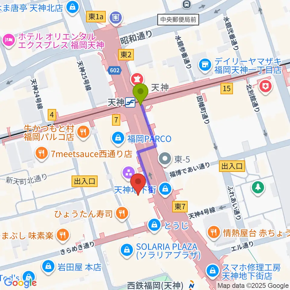 天神駅から西鉄ホールへのルートマップ地図