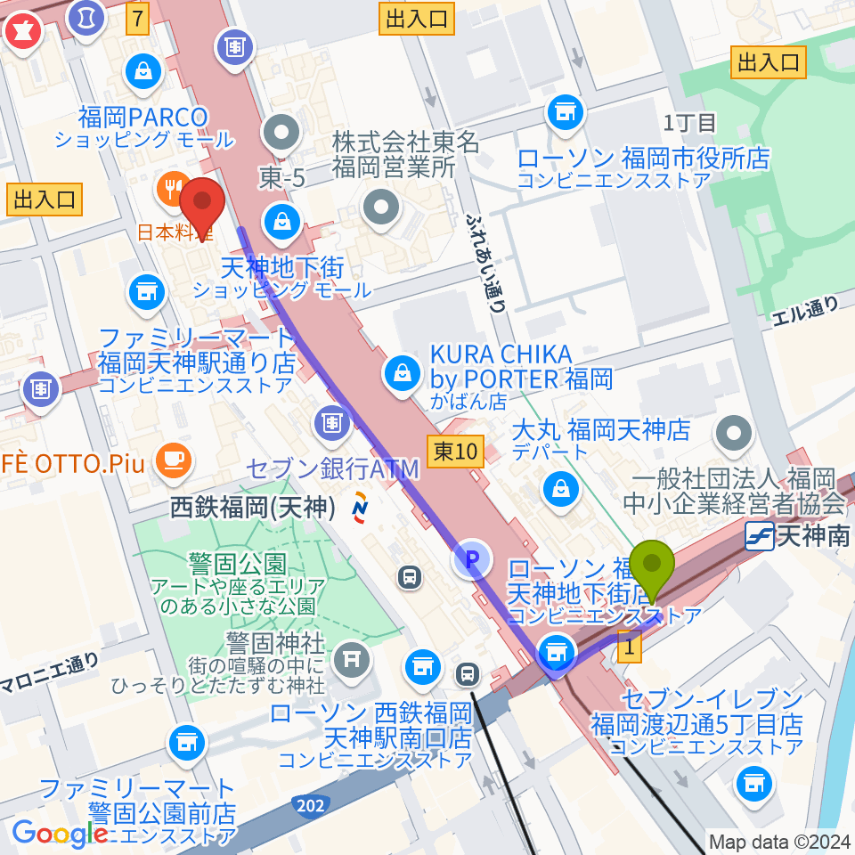 天神南駅から西鉄ホールへのルートマップ地図