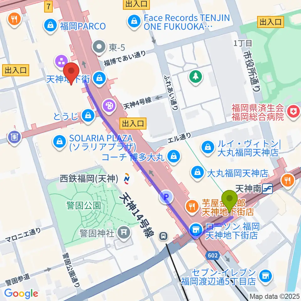 天神南駅から西鉄ホールへのルートマップ地図