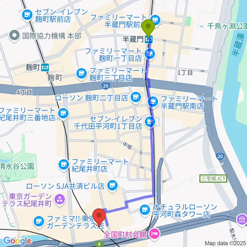 半蔵門駅から海運クラブへのルートマップ地図