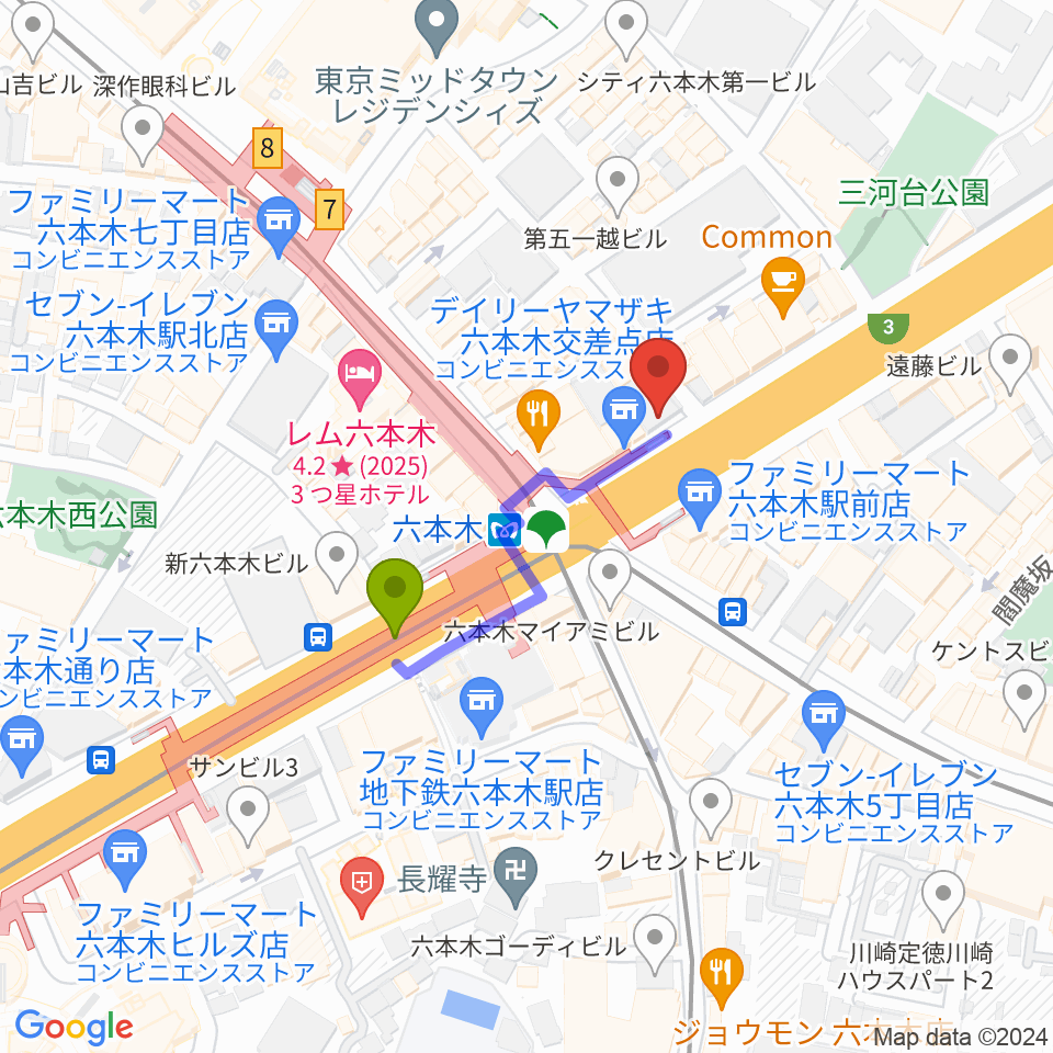 俳優座劇場の最寄駅六本木駅からの徒歩ルート（約3分）地図