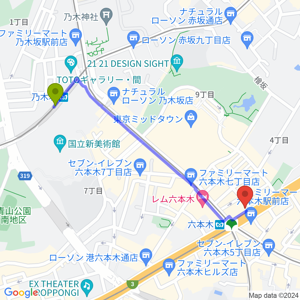 乃木坂駅から俳優座劇場へのルートマップ地図