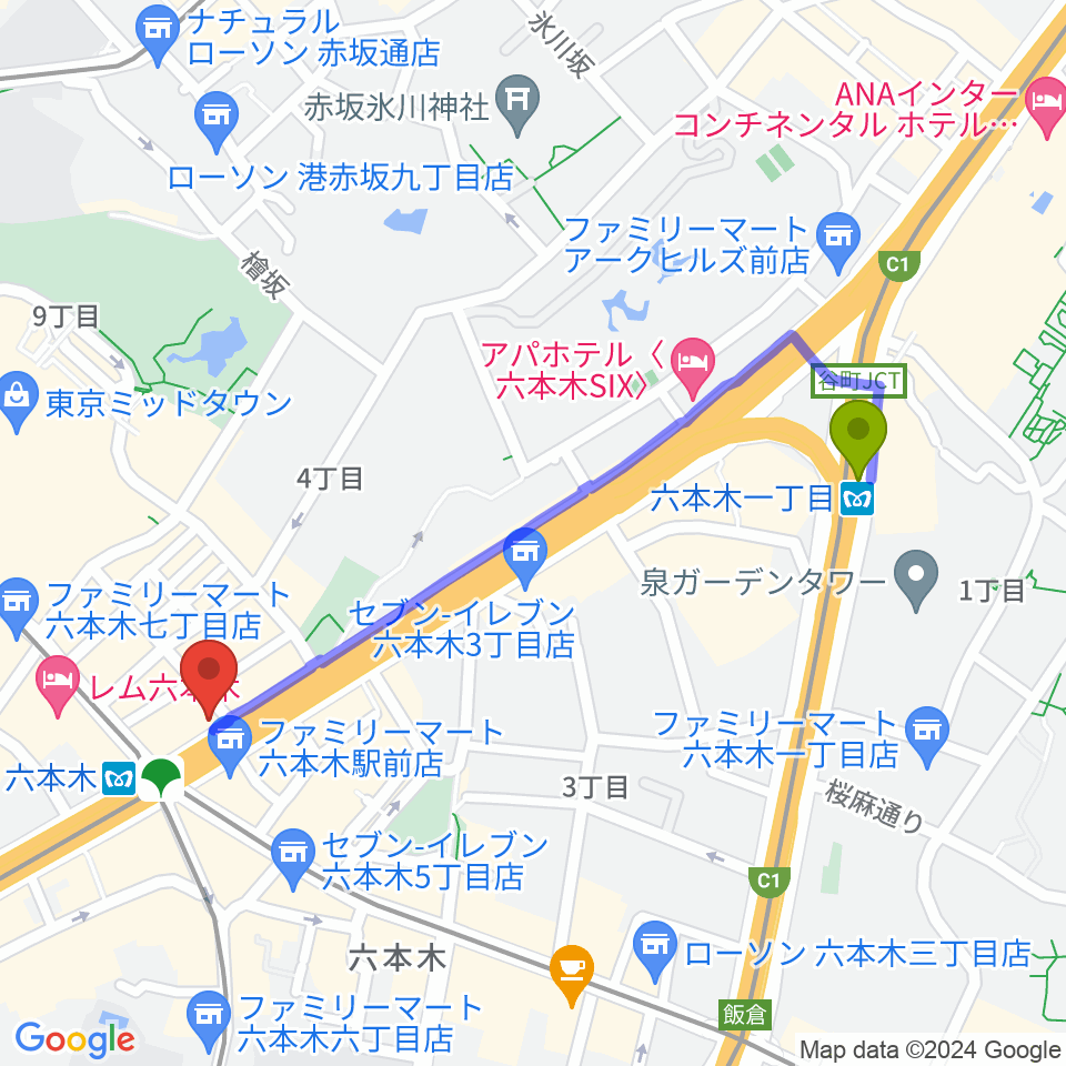 六本木一丁目駅から俳優座劇場へのルートマップ地図