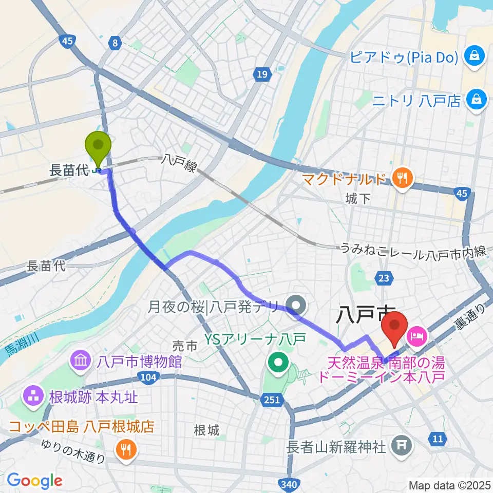長苗代駅から八戸ポータルミュージアムはっちへのルートマップ地図