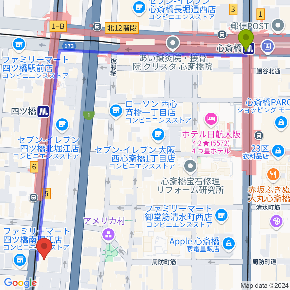 心斎橋駅から堀江5th streetへのルートマップ地図