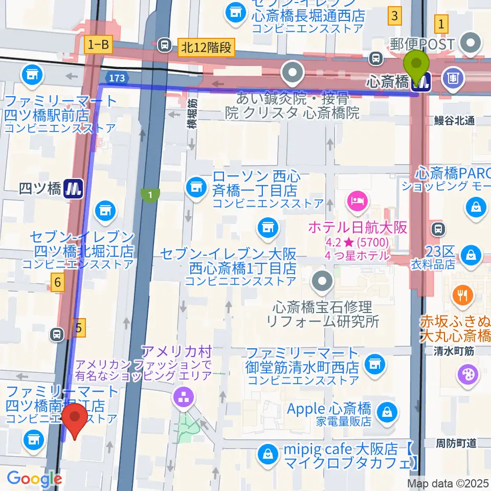 心斎橋駅から堀江5th streetへのルートマップ地図