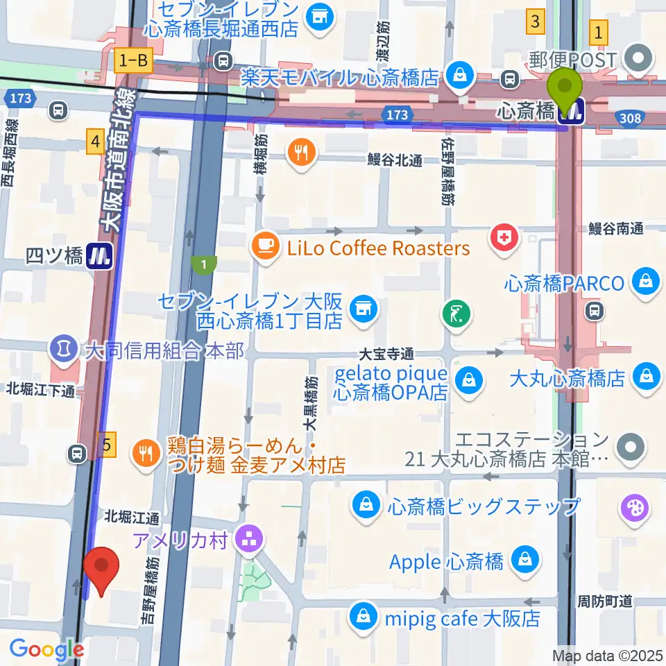 心斎橋駅から堀江5th streetへのルートマップ地図