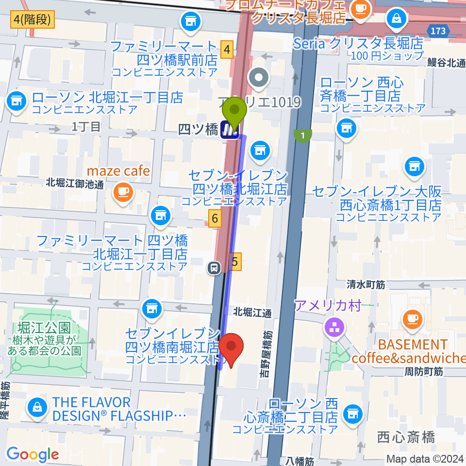 堀江5th streetの最寄駅四ツ橋駅からの徒歩ルート（約4分）地図