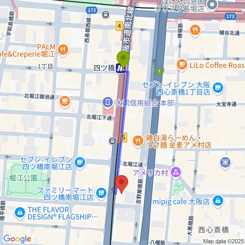 堀江5th streetの最寄駅四ツ橋駅からの徒歩ルート（約4分）地図
