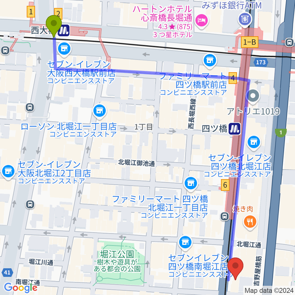 西大橋駅から堀江5th streetへのルートマップ地図