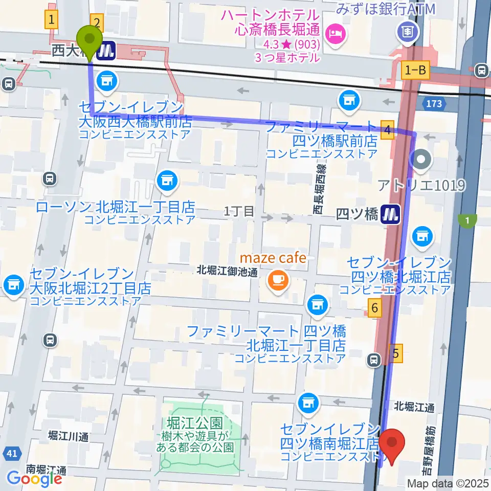 西大橋駅から堀江5th streetへのルートマップ地図