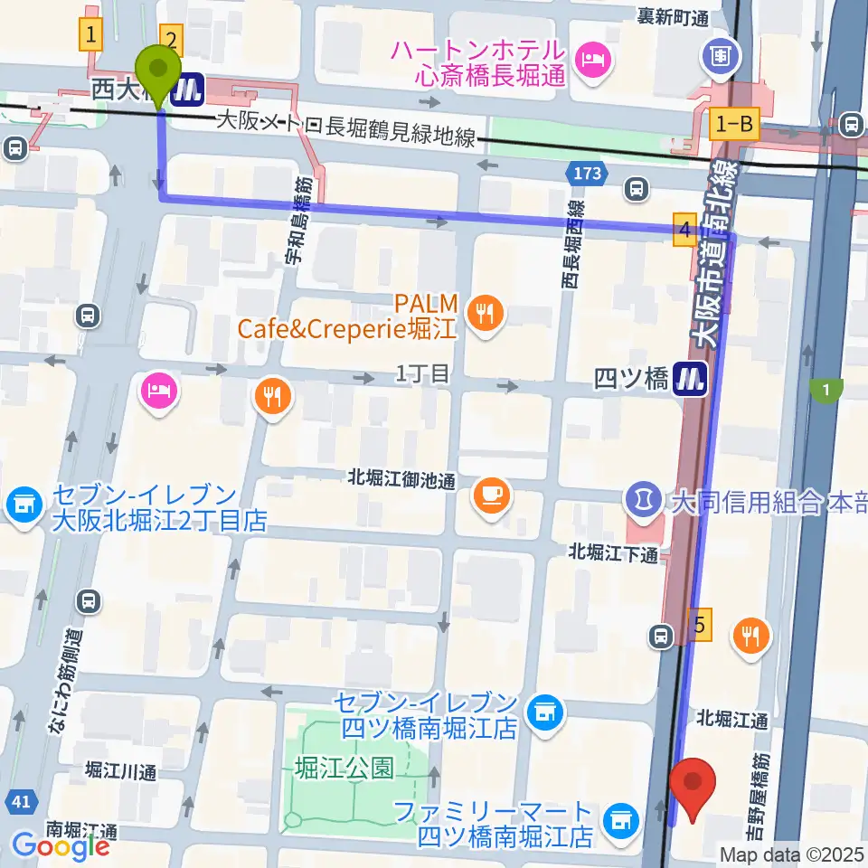 西大橋駅から堀江5th streetへのルートマップ地図