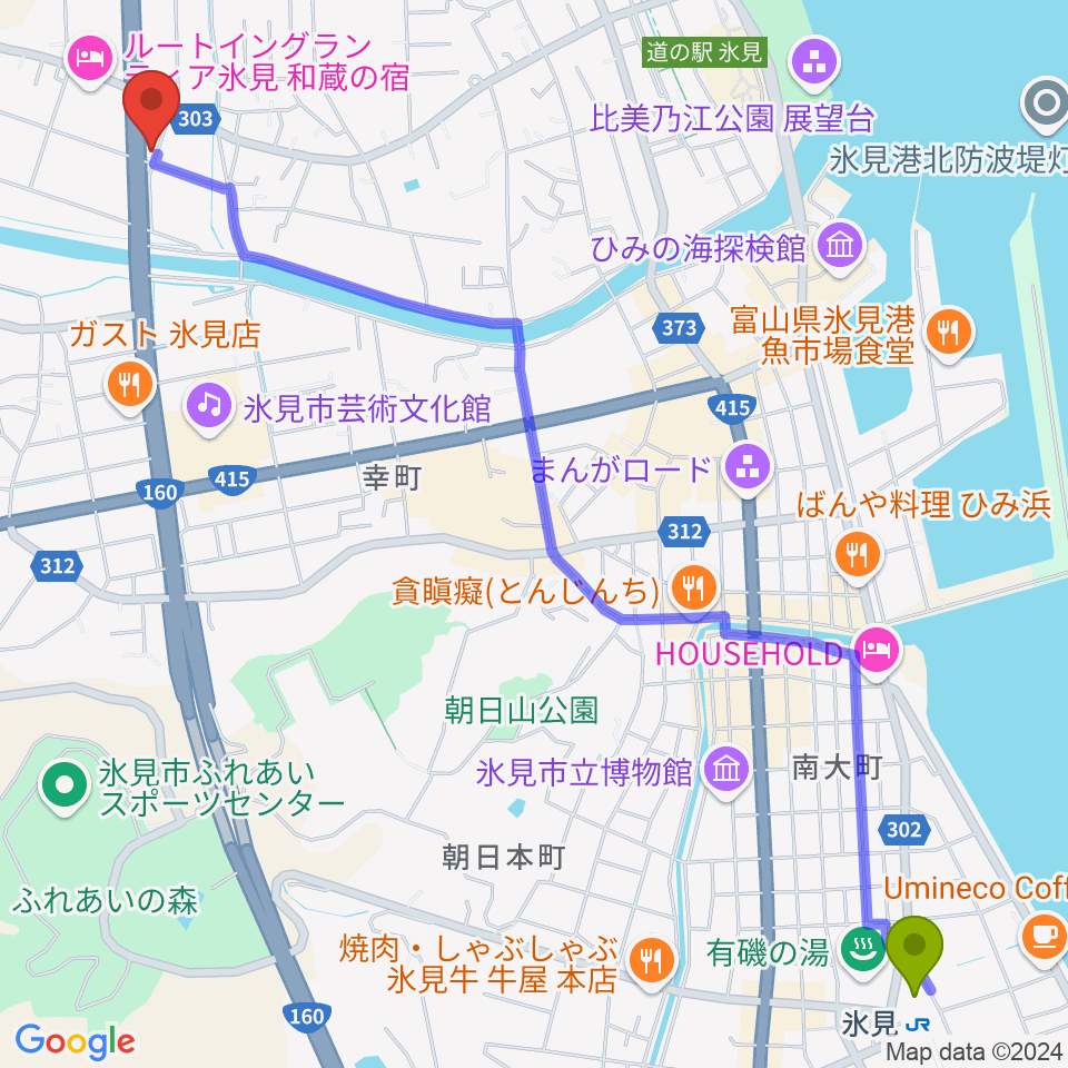 開進堂楽器 MPC氷見の最寄駅氷見駅からの徒歩ルート（約33分）地図