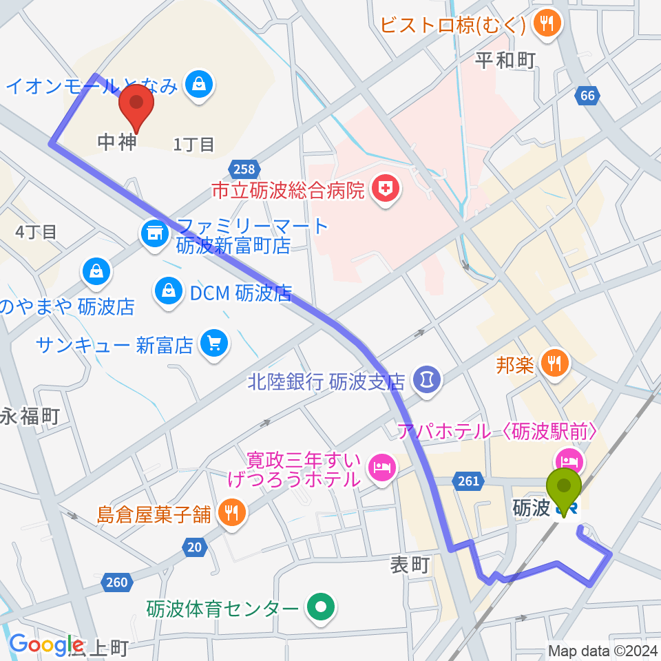 MPC砺波 開進堂楽器の最寄駅砺波駅からの徒歩ルート（約13分）地図