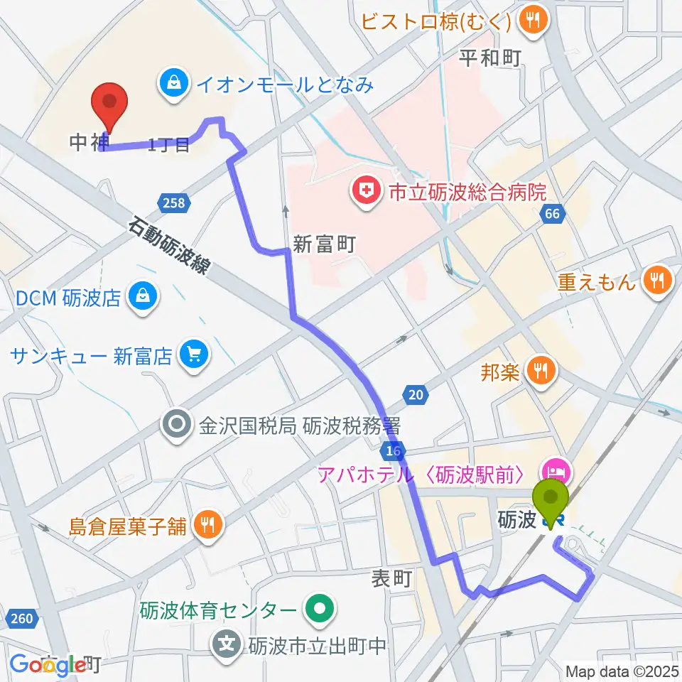 MPC砺波 開進堂楽器の最寄駅砺波駅からの徒歩ルート（約13分）地図