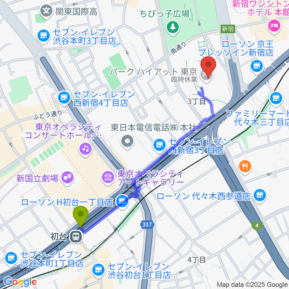 初台駅から新宿パークタワーホールへのルートマップ地図