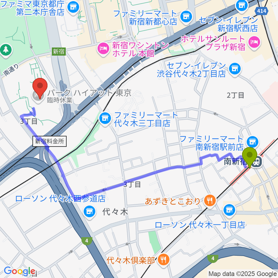 南新宿駅から新宿パークタワーホールへのルートマップ地図