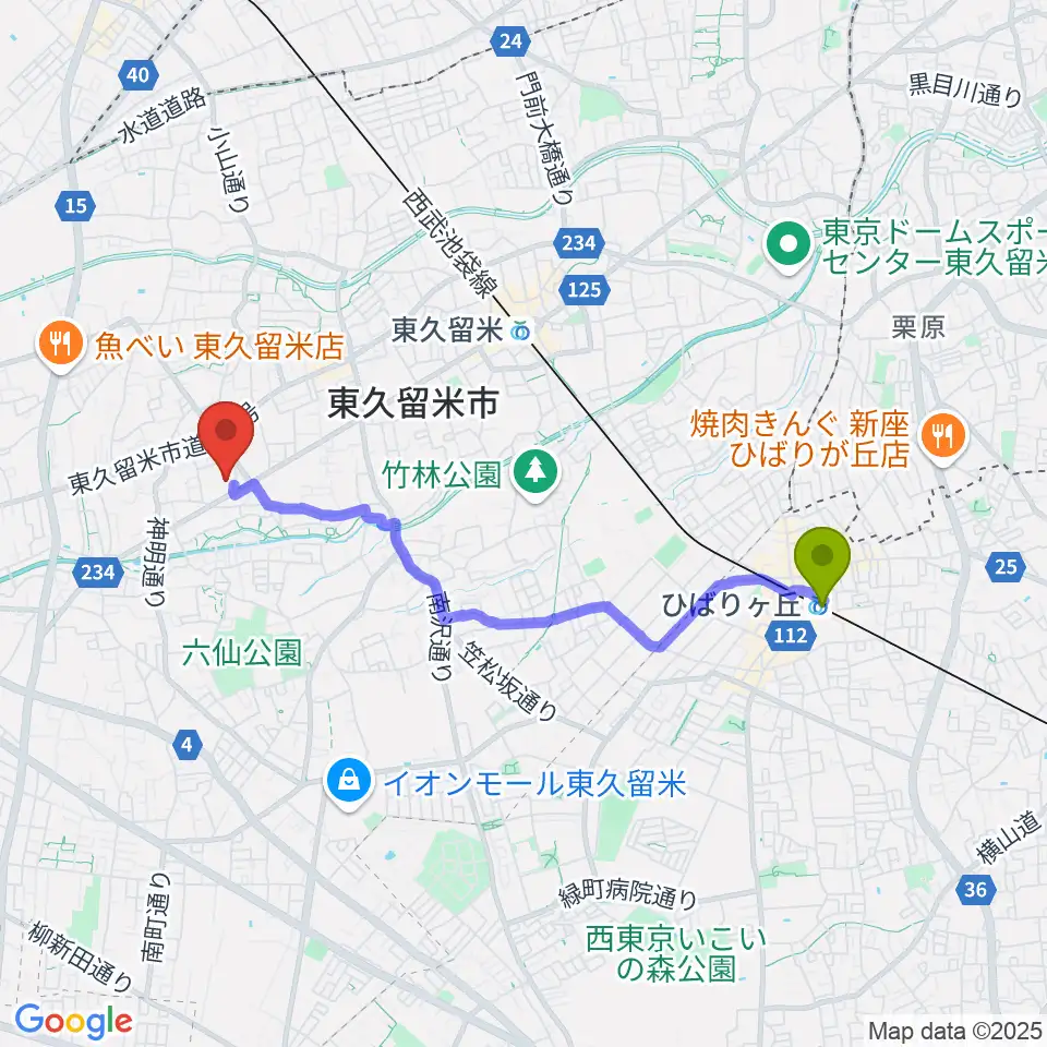 ひばりヶ丘駅からまろにえホールへのルートマップ地図