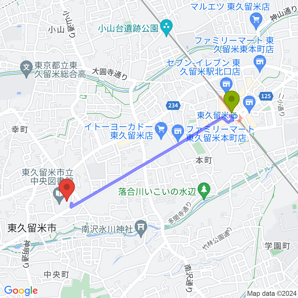 まろにえホールの最寄駅東久留米駅からの徒歩ルート（約19分）地図
