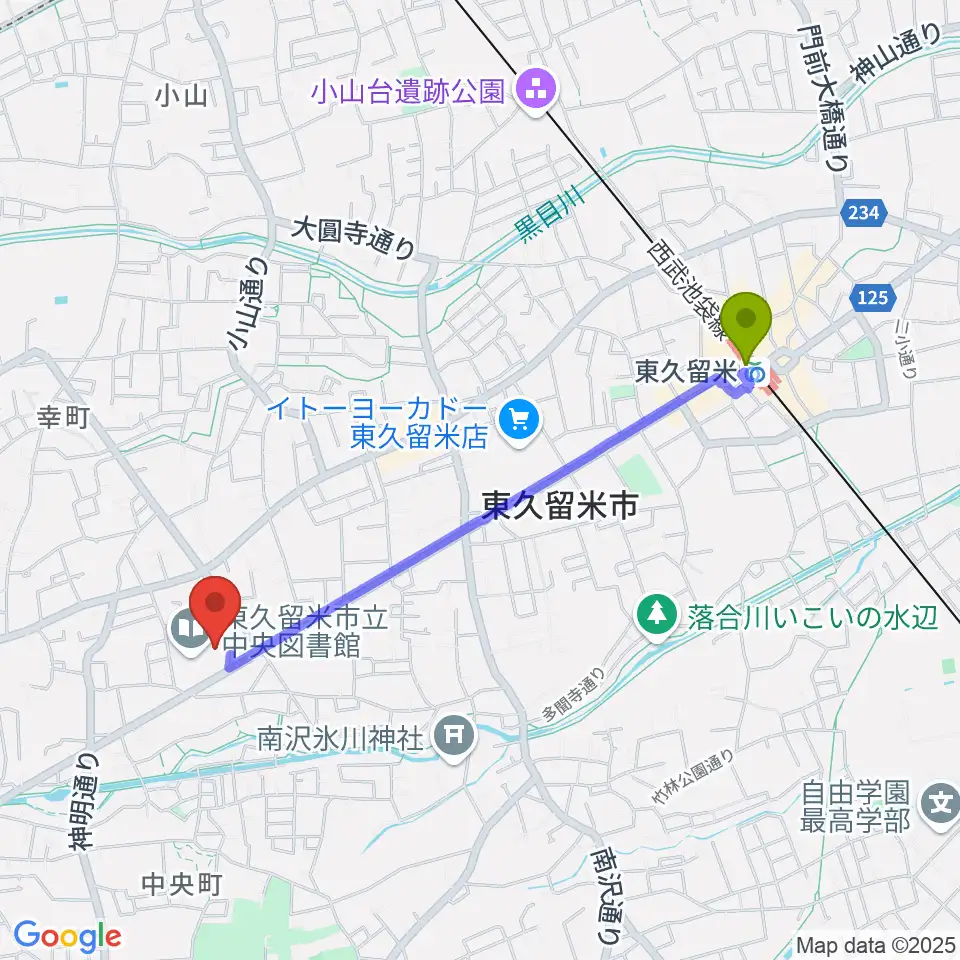 まろにえホールの最寄駅東久留米駅からの徒歩ルート（約19分）地図